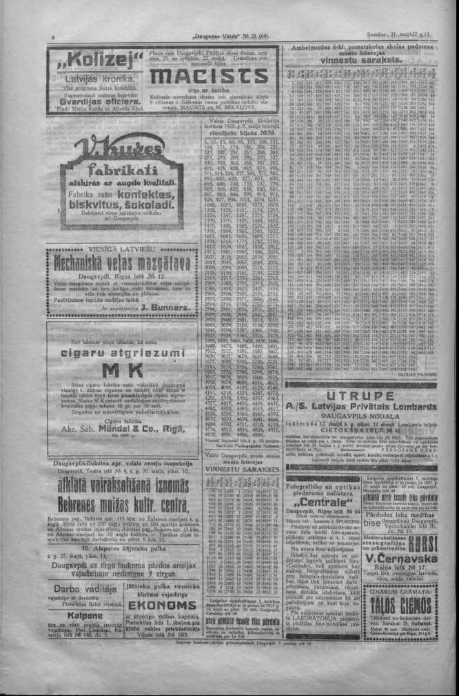 Газета "Daugavas Vārds", 21 мая 1927 года. Реклама