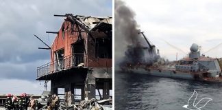 Предполагаемые фотографии пожара на борту затонувшего крейсера "Москва" и скриншот из видео обстрела Львова. Коллаж chayka.lv