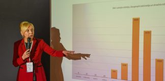 Руководитель Агентства развития туризма и информации Даугавпилсской городской думы Жанна Кулакова обращает внимание присутствующих на Даугавпилсском туристическом форуме 2022 на график, по которому очевидно, что самое большое количество туристов посещает Даугавпилс именно в июле и августе. Фото: Ивар Сойканс (17 мая 2022 года)