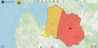 Карта Латвии с обозначенными зонами жёлтого, оранжевого и красного предупреждений. Фото со страницы Latvijas Vides ģeoloģijas un meteoroloģijas centrs на фейсбуке