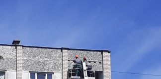 Сотрудники 3 участка домоуправления ПЖКХ Даугавпилса снимают решётки с чердака доме на Баусках 7, освобождая галок. Фото: Александр Фадеенков