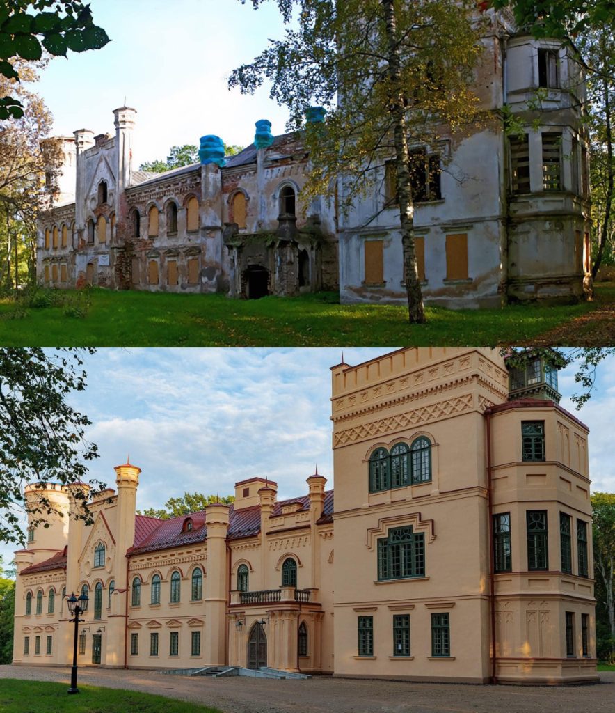 Прейльский замок в 2010 и в 2023 году. Фото: Latvijas Piļu un Muižu Asociācija