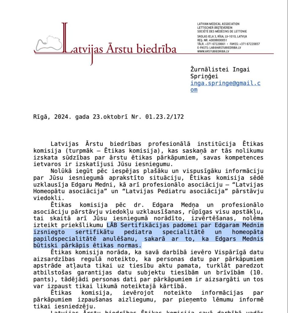 Часть ответа Латвийской ассоциации врачей на заявление журналистки Инги Сприньге. Фото с её страницы в Фейсбуке