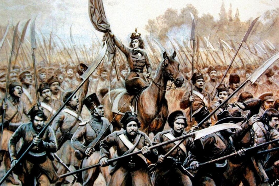 Эмилия Плятер во главе отряда косиньеров в 1831 году. Картина Яна Богумила Розена. Источник: Википедия