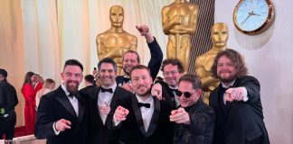 Команда мультфильма «Поток» на кинопремии «Оскар». Лос-Анджелес, США. 2 марта 2025 года. Фото: Gints Zilbalodis / Facebook