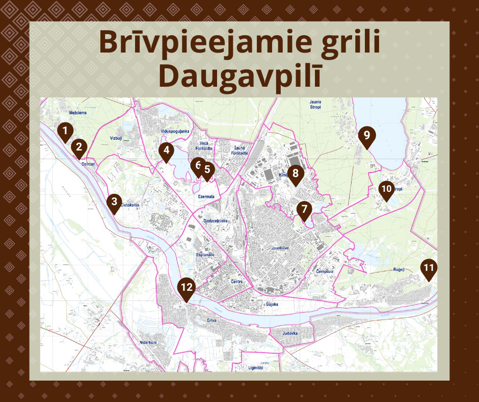 Карта и список зон отдыха с 23 грилями в Даугавпилсе. Инфографика: daugavpils.lv