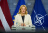 Премьер-министр Латвии Эвика Силиня после заседания Кабинета министров 12 августа 2025 года. Фото: Gatis Rozenfelds / Valsts kanceleja