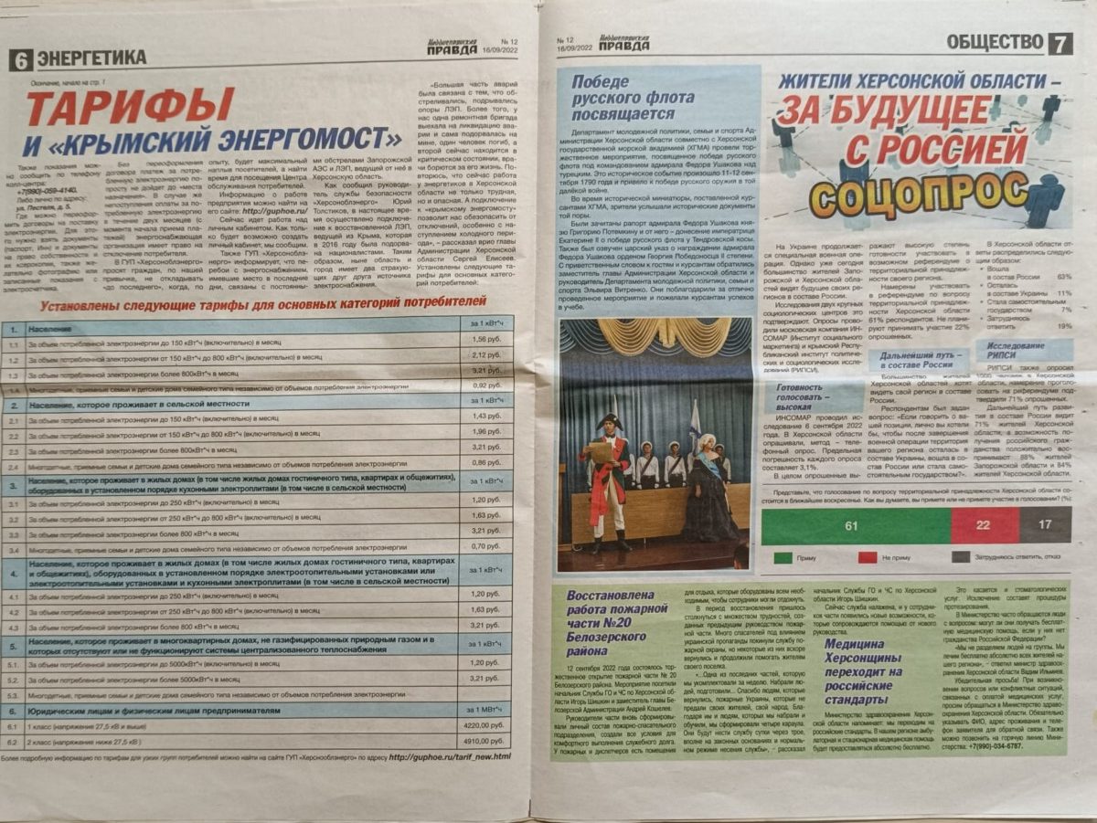 Газета "Надднепрянская правда" от 16 сентября 2022 года (время оккупации Херсона Россией)
