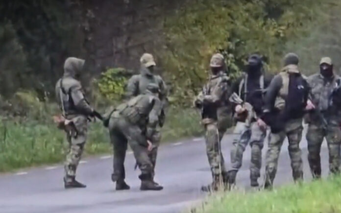 Вооружённая группа людей на территории Саатсеского сапога. Скриншот из видео, распространённого в соцсетях
