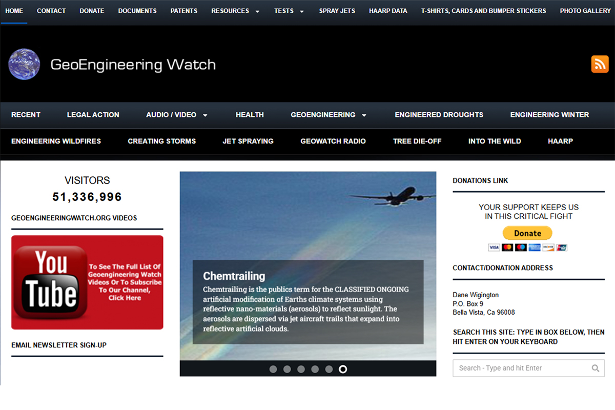Скриншот сайта Geoengineering Watch, продвигающего тему геоинженерии и химтрейлов