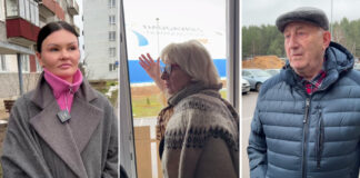Жители дома на улице Резекнес, 13, который находится напротив футбольного стадиона. Фото: Эвелина Майбогина (коллаж Chayka.lv)