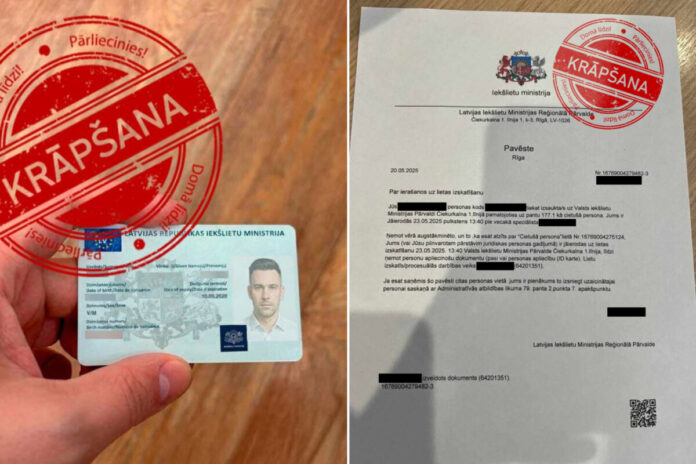 Фальшивое удостоверение представителя Министерства внутренних дел и фальшивый документ. Иллюстративное фото: Valsts policija Фальшивое удостоверение представителя Министерства внутренних дел и фальшивый документ. Иллюстративное фото: Valsts policija