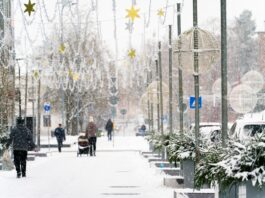 Улица Ригас в Даугавпилсе, украшенная к Рождеству и Новому году. Фото: Маргарита Вигуле (конец ноября 2025 года)